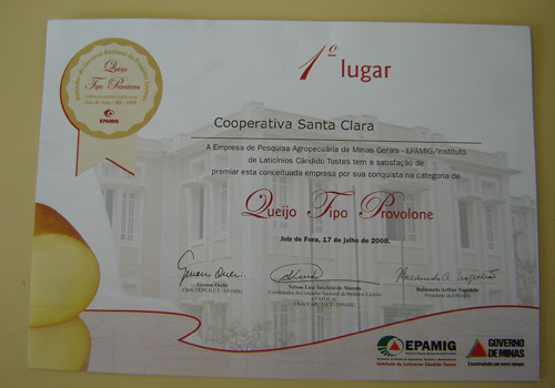 Certificado de 1º lugar no Concurso Nacional de Produtos Lácteos