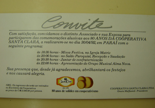 Convite para a festa dos 80 anos da Santa Clara em Paraí.