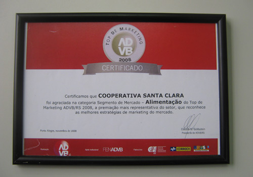 Certificado de Premiação do CONCURSO NACIONAL DE PRODUTOS LÁCTEOS 2008